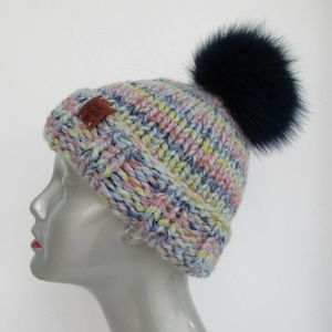 Real fur pompom hat, knit winter hat, Merino wool